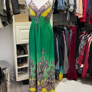 Beautiful Green & Yellow Maxi strapless Print Dress sz medium